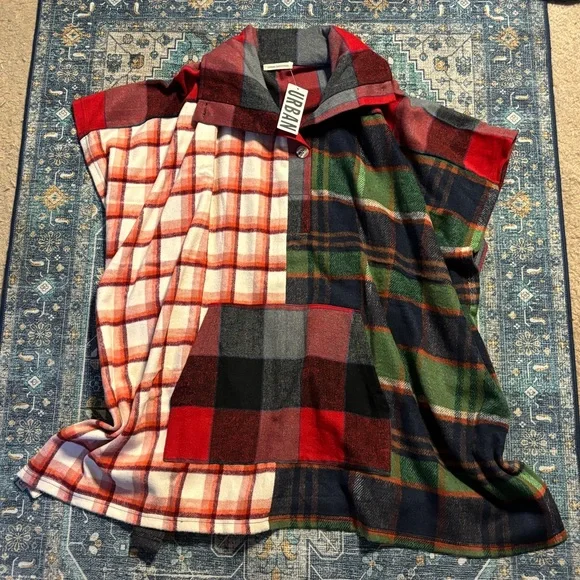 💎RARE💎🆕URBAN OUTFITTERS ‘Renewal’ Mixed Plaid Flannel Poncho, OS - Picture 2 of 9